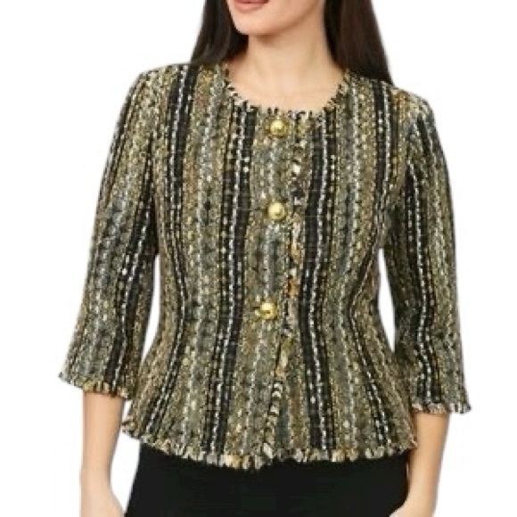 NWT CAbi Paris Brown Black Tweed Fringe Gold Button Cropped Blazer Jacket - S